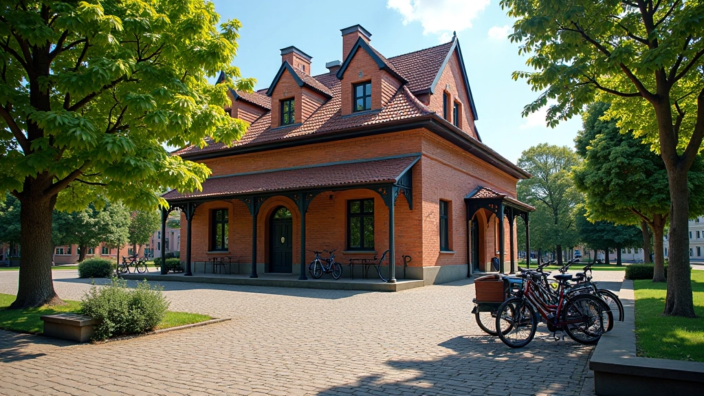 Senoji geležinkelio stotis ir dviračiai, istorinė architektūra, saulėta diena
