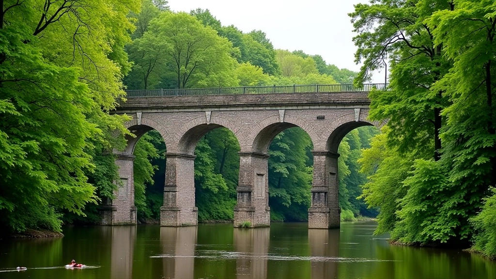 Lyduvėnų tiltas peržiūra iš šono, senasis geležinkelio viadukas su medžių fonu, vasaros sezonas