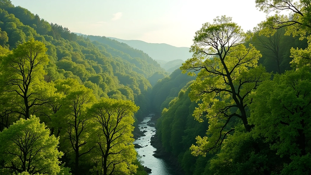 Pavasarinė panorama nuo tilto, žalios miškų šaknys, bžali upė žemiau, saulės šviesa